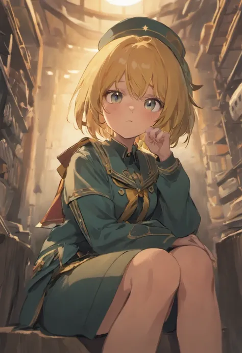 Tanya Deggurechaf Character, Army uniform, 13 years old, short, sit down while sip cofee, 8K, Best quality, dark style, serious expression,