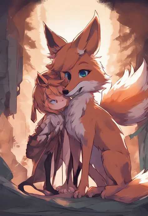 Detailed nsfw picture of young furry fox girl having sex with an anthro wolf wile he pushes its knot in her with cum covering her body and cum drips from her lips wile her belly swells from the anthro wolves cum with a detailed background and detailed pict...