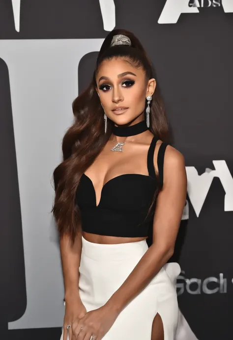 Ariana grande She exudes a sophisticated aura with her half-up, half-down hairstyle, showcasing her long, flowing locks. The outfit consists of a Black crop top, paired with a black skirt and heels are white