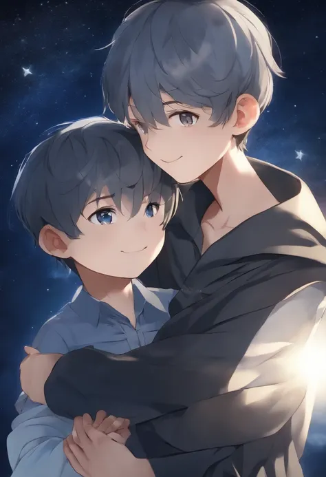 Little and small boy, smiling, short hair, grey hair and dark blue hair,( star shape iris ), ( star in eyeball ), sky blue and grey cloths,( ( masterpiece ) ), ( star sky background ), nice hair shading, ( one boy ),