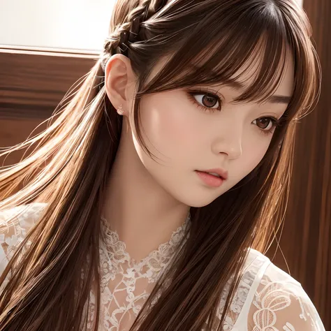 finest image, realistic, portrait, detailed and delicate depiction, neat and beautiful Japanese woman, light brown braided bangs straight hair, shining big eyes, long eyelashes, double eyelids, red alluring moist big thick lips, huge breasts, slender, sexy...