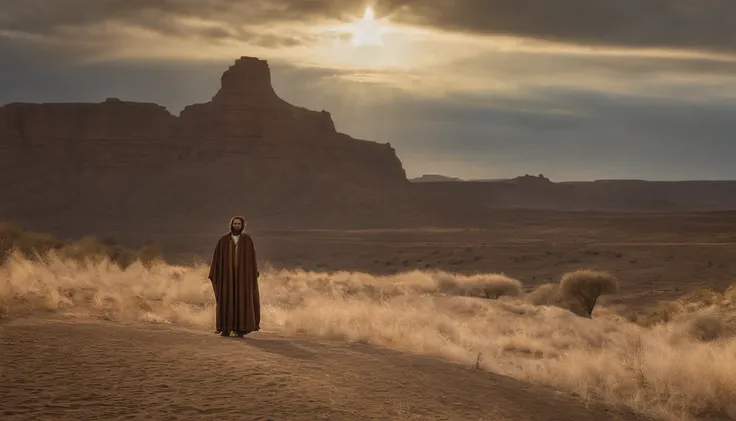 um homem encapuzado andando no deserto, holding a staff and a hand, with a sky background, portrait of bedouin d&d, ainda de um filme live action, Directed by: Étienne Delessert, Disparo IMAX, James Gurney e Andreas Rocha, Filme ainda de Duna 2020, medium ...