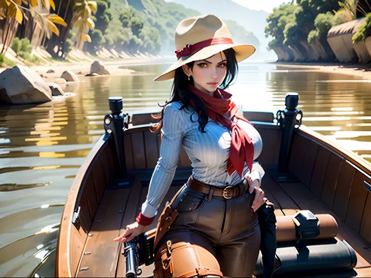 Denise milani, breasts, slim body white pinstripe button shirt, red neckerchief, brown pants, gun strapped to hip, wet, climbing into boat, Amazon river, Amazon guide