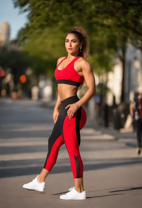 teen arabic girl in a black top and red pants, yellow eyes, pony tail, on a Chicago city street, crop shirt and strong abs, full body length shot, red gold and black outfit, converse, fitness model, gorgeous female, athletic fashion photography, full body ...