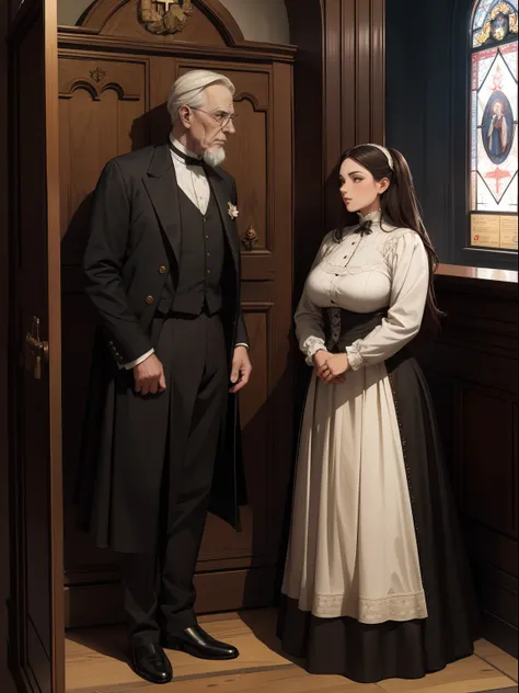 Illustration of a church scene in Victorian style, an elderly pastor and a young buxom brunette woman wearing a Victorian style dress standing in front of the confessional an talking