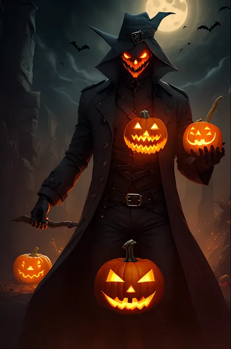 Evil warlock, pumpkin head, glowing eyes, Jack-o’-lantern, black trench coat, using black magic, spooky night background