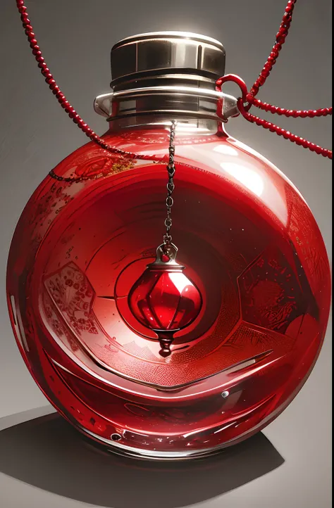 depicts a small, intricately designed glass bottle with a red gemstone inside. The bottle is suspended from a chain, giving it a unique and eye-catching appearance. The red gemstone adds a touch of elegance and sophistication to the overall design of the b...