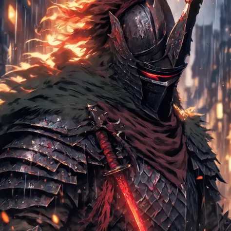 um close up de uma pessoa segurando uma espada na chuva, cavaleiro de sangue, cavaleiro da fantasia, 8k arte detalhada de alta qualidade, badass anime 8 k, de Arknights, cavaleiro do mal, gothic knight, Estilo de Arte Dark Souls, Arknights, fallen knight, ...