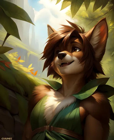 (by redrusker:0.8), by darkgem, by anhes, by chunie), elora furry, detailed and extremely fluffy body fur, fluff, masterpiece, looking up beautiful surroundings, detailed background, happy, leaf-dress,