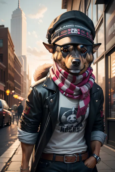 Photo of a dog with a hat and scarf，Trends in the art station，Wear fashionable clothes，hyper realistic detailed rendering，Style urbain，pose intimidante，Planet Dog，Fashionable outfit，Urbansamurai，chienchien，Wearing a workers cap，Elegant cityscape