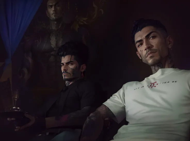 Two men, arafed man with tattoos sitting in a chair in front of a painting, tattooed man, yakuza tattoo on body, fully tattooed body, yakuza, in style the demon seated, steven klein, muscular body tattooed, tattooed, full-body tattoos, full - body tattoos,...