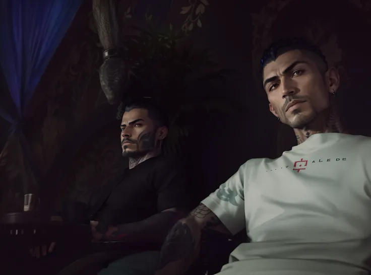 Two men, arafed man with tattoos sitting in a chair in front of a painting, tattooed man, yakuza tattoo on body, fully tattooed body, yakuza, in style the demon seated, steven klein, muscular body tattooed, tattooed, full-body tattoos, full - body tattoos,...