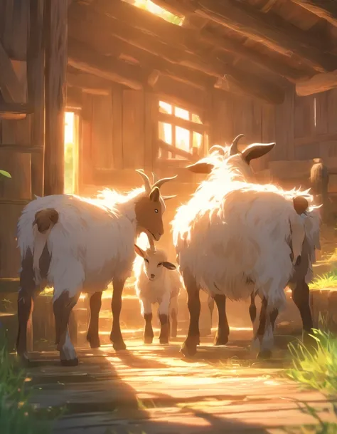 (best quality,4k,8k,highres,masterpiece:1.2),ultra-detailed,photorealistic:1.37,A close-up of the grandad milking one of the goats,soft bell sound,cozy barn,light streaming through the barn window,gentle sunlight illuminating the scene,peaceful atmosphere,...