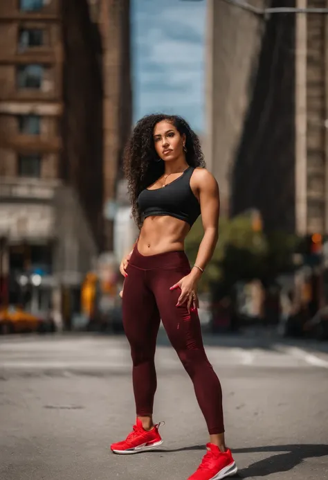 teen arabic girl in a black top and red pants, yellow eyes, pony tail, on a Chicago city street, crop shirt and strong abs, full body length shot, red gold and black outfit, converse, fitness model, gorgeous female, athletic fashion photography, full body ...