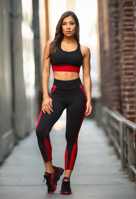 teen arabic girl in a black top and red pants, yellow eyes, pony tail, on a Chicago city street, crop shirt and strong abs, full body length shot, red gold and black outfit, converse, fitness model, gorgeous female, athletic fashion photography, full body ...