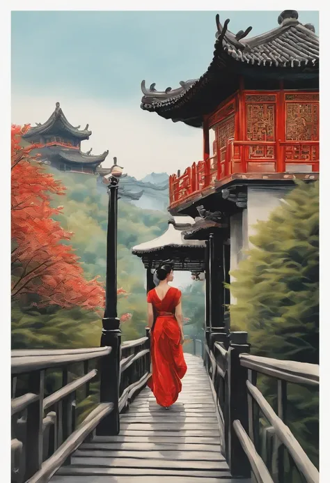 The sky is the background，The background color is less saturated，Un homme et une femme se rencontrent sur un pont，Le style de peinture est chinois plus ancien，ink and watercolor painting，Vision