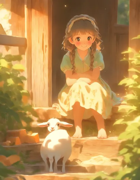 The little orphan girl sitting on the porch,watching her grandad make cheese from fresh goats milk,happily assisting him in her own way.(best quality,4k,8k,highres,masterpiece:1.2),ultra-detailed,(realistic,photorealistic,photo-realistic:1.37),nostalgic,so...