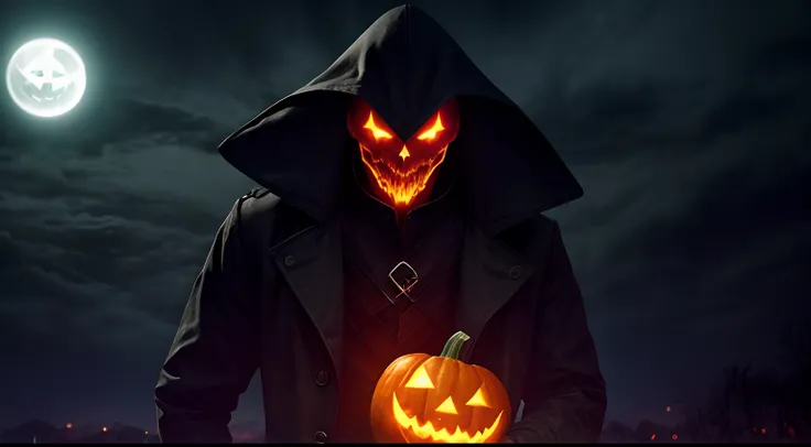 Evil warlock, pumpkin head, glowing eyes, black trench coat, spooky night background, big head