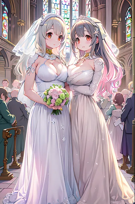 High resolution, Best Quality, masutepiece, Ultra high definition, Ultra high definition, .。.3D, Anime, Illustration, In a church、wedding hall、Two women in wedding dresses、2girls，girl1：bbw、huge-breasted、adolable，Black hair，Bob-cut hair，huging、stare、wedding...