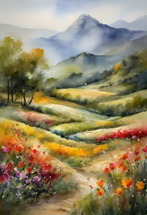 Field with beautiful flowers (close-up cleavage), meditate, Zazen, A meditative (Chinese landscape painting), (ink and watercolor painting), (8k wallpaper), (Light and Shadow Effect), rendering by octane, White balance design, Extremely detailed image repr...