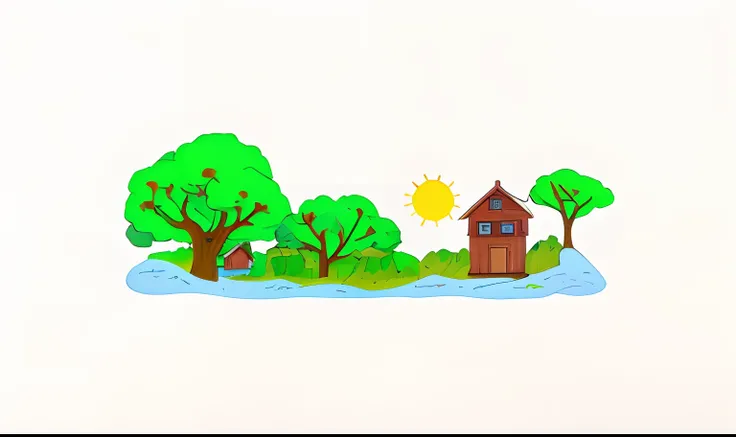 Close-up of a house with trees and a sun in the sky, Maison dans le bois, House in the forest, maison sur fond, Contexte de la maison, The little house in the forest, The house in the forest, Sticker of a house in the forest, Forest on Background, Location...