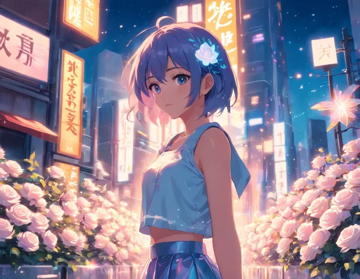 realistic, anime style, 1girl, holographic hair, heterochromic eyes, glowing eyes, see throughcrop top, holo skirt, parted lips, blush, night, white roses, pastels, glitter