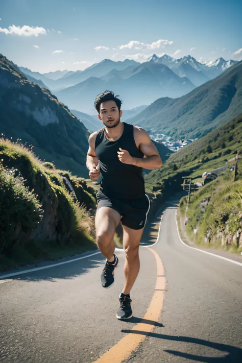 30 year old man running for exercise，Asia face，thick black hair，Strong body，Shirtless，Oh，Only shorts，Walking on mountain roads，looking at the distance，Background surrounded by mountains，perspire，Firm eyes