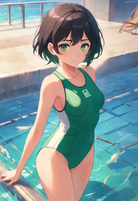 Girl with short black hair，Green eyes，Sexual position，swim wears，Be red in the face