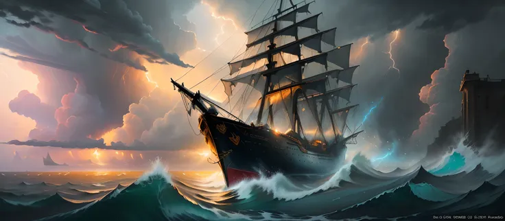 Dark sky rough sea hyper realistic dark night stormy sunlight shines through sailing ship oil painting old damaged canvas 1800’s