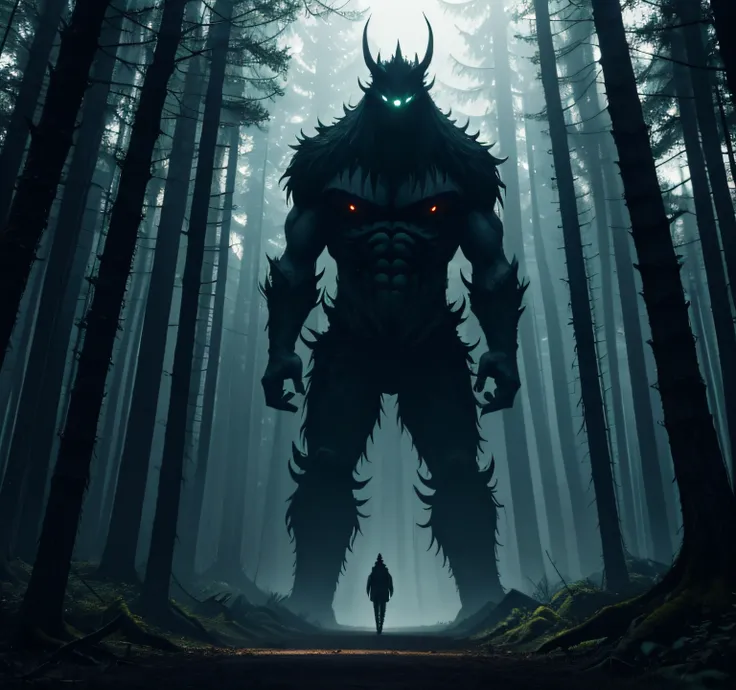 CREATE A SCENE OF A DARK FOREST WITH MONSTERS IN HD ANIME STYLE