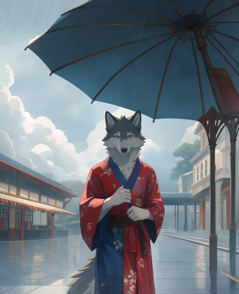 (best quality, highres, masterpiece:1.2), detailed anatomy, furry, kimono, solo piece, male, anthropology, wolf, white fur, loos...