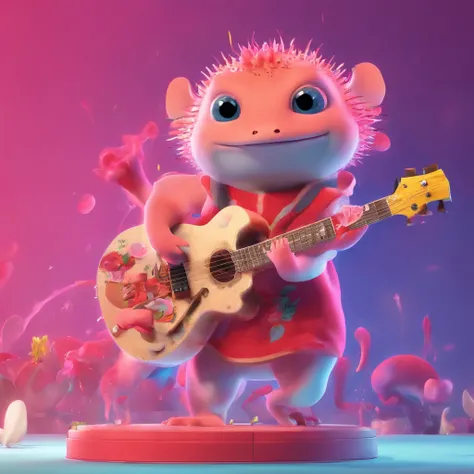 Create an animated art scene where an axolotl dresses up as Taylor Swift and performs in an exciting concert. Use an animation style that highlights the expressiveness and charisma of the axolotl, as well as the energy of the concert.