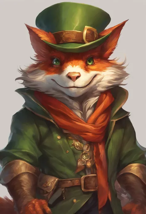 (((by Zackary911, by Kenket, By Kilinah))), Solo Male, Bright orange skin, Orange scales, (((Leprechaun)), (Detailed kobold)) Wearing a red cape with a hood, Green gemstone on collar, Bandage thighs and bandage chest, muscular toned, Squirrel ears, Fairy T...