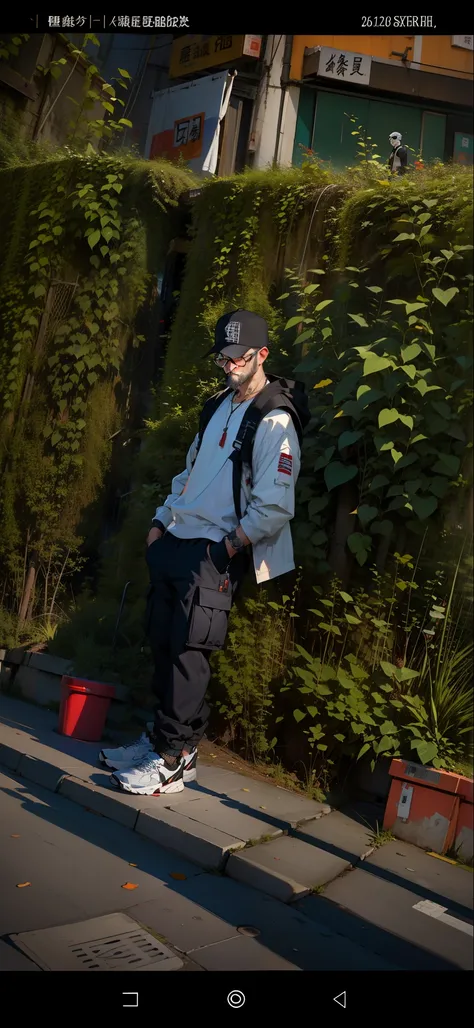 1man, full body, short white hair, muscular, beard, Streetwear,cargo pants, necklace,taiwan, street, (masterpiece, best quality, highres, ultra detailed ), night , depth of field, glasses,