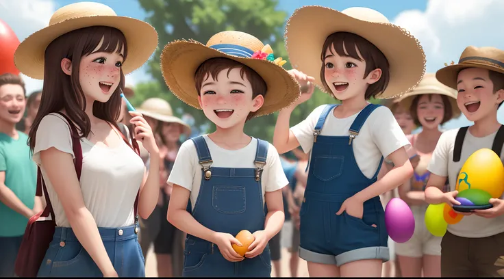 A kid in overalls with brown hair and freckles winning a Egg hunt and receiving a straw hat as a reward, with the words “HAPPY BIRTHDAY” being shouted by the onlookers