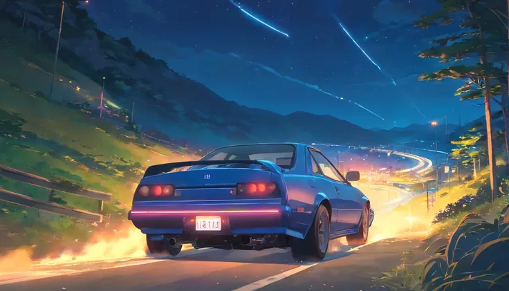 2 futuristic 1990s japanese tuner cars are drifting down a mountain backroad at night, creating a lot of tire smoke