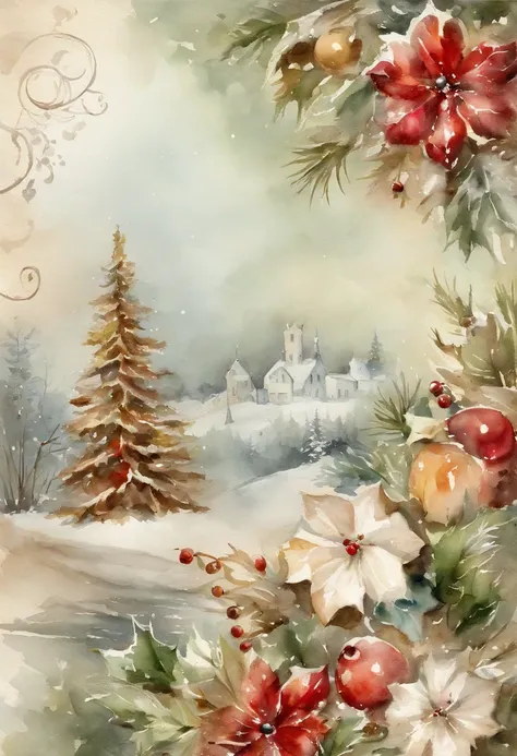 Picture an exquisite Christmas flyer, with space to write an invitacion note, Watercolor, trending on artstation, sharp focus, studio photo, intricate details, highly detailed, by greg rutkowski