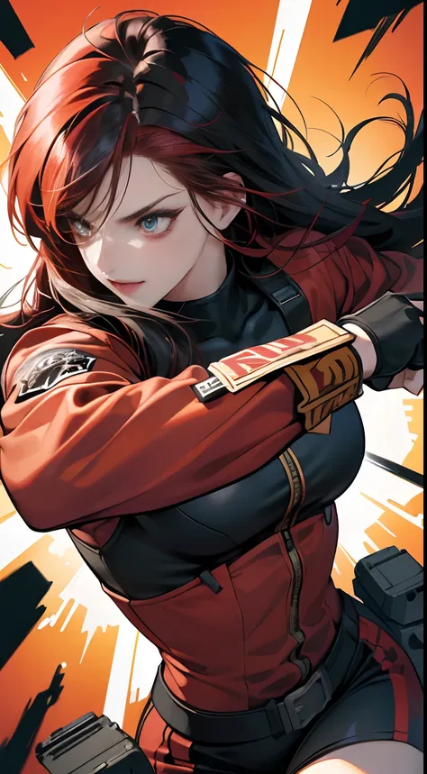 (Best Quality,4K,High resolution), girl with, Red mesh hair on black hair, Long straight hair, sharp eye，Laugh exhilarating，Girl in hero suit fighting with fists，Comical appearance，noisy，rampage，comic strip，animesque，Comical illustration，Scene of jumping f...