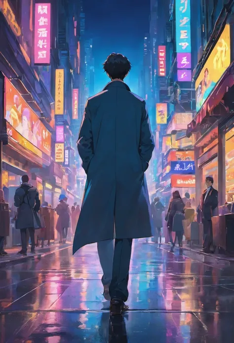 (best quality,4k,8k,highres,masterpiece:1.2),ultra-detailed,(realistic,photorealistic,photo-realistic:1.37),man walking in the middle of the city at night with vibrant city lights behind him, depth in field effect, capturing the sharp focus on the man, his...