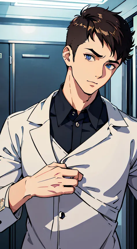 1 male doctor, anime, 29 years old, with a crew cut hairstyle, where the hair is evenly cut very short all around,  perfect eyes, realistic eyes, very handsome face, standing, in hospital, highly detailed eyes, big eyes, very handsome face, good looking fa...