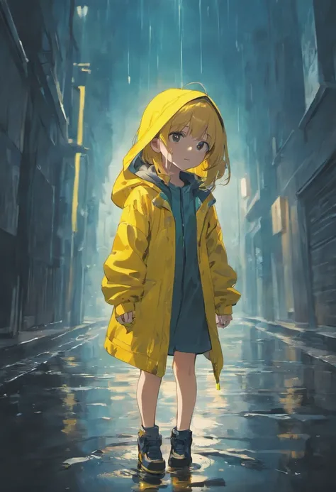 A small girl in a yellow rain jacket looking into a puddle, in the puddle is a whole other world