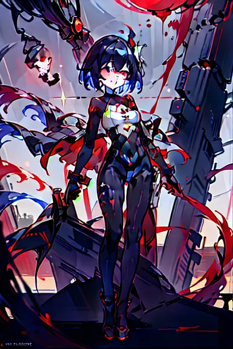 1girll， 独奏， standing on your feet， hair adornments， Red eyes， ， blood stain， mechanicalparts， electrical wires， electric cables， Failure effect， terroral， sci-fy， A futuristic， background inside dark， neonlight， cyber punk perssonage， hyper realisitc， eeri...