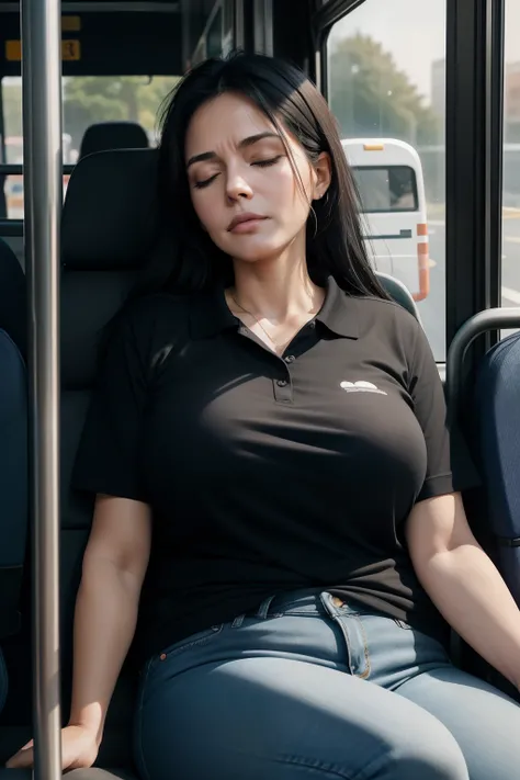 1 beautiful woman, 50-year-old lady, sleeping with her mouth open, eyes closed, black hair, sleeping sitting on the bus, jeans, black polo shirt, big breasts, outlined eyes, drooling, snoring, passed out, black bag, head on the bus window, sitting by the w...