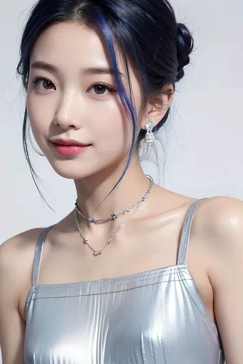 (extra detailed body、extra detailed face、best qualtiy:1.2)、femele、looking at the viewers、(Blue and Bordeaux gradient hair colors、a smile、Flashy silver earrings that go up to the shoulders、a necklace、A bracelet、Clothes with strong contrast of blue, white an...