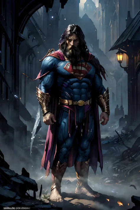 Superman is short, is a hobbit with long beard, ugly clothes, large feet, hairy feet, no shoes, a masterpiece, 8k resolution, dark fantasy concept art, by Greg Rutkowski, dynamic lighting, hyperdetailed, intricately detailed, Splash screen art, trending on...