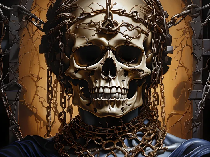 Theres a painting of a skeleton with chains around it, esqueleto encadeado, close-up portrait goddess skull, Mark Brooks detalhou, arte em heavy metal, estilo de arte heavy metal, fantasy skull, Directed by: Jason Edmiston, sacred skull, inspirado em Jason...