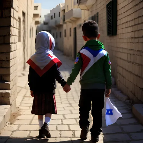 A Palestinian child with the Palestinian flag, Holding hands with an Israeli child with the flag of Israel