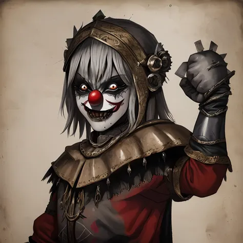 Melhor qualidade, Medieval clown, detalhe em metal, mascarado, foice, Background cemetery