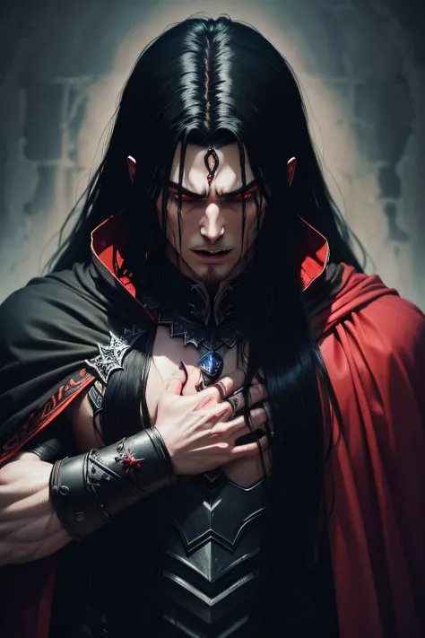 dark muscular male evil lord with long black hair wearing black and red cloak screaming inside his castle with his hands on his face, pain, screams, fear, scared