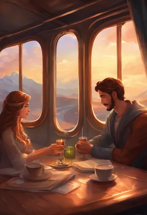 Capture the intimate moment of a couple sitting side by side inside a train compartment. They are positioned near a large window, gazing into each others eyes with affection. Their hands are gently intertwined, conveying a deep connection. On the table bet...